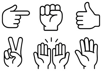 Obraz premium Hand gestures linear icon set. featuring point, fist, thumbs up, peace sign, clapping, and wave symbols