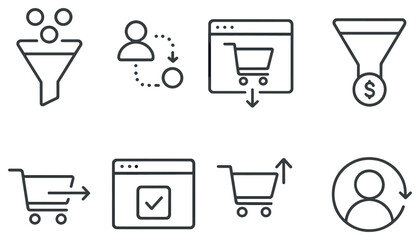 Marketing and e-commerce linear icon set. featuring funnel, customer, shopping cart, conversion, and sales symbols