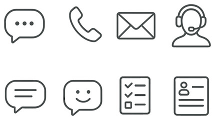 Communication and support flat icon set. featuring chat, phone, email, customer service symbols