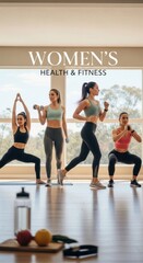 Fototapeta premium Group of active women doing various exercises like yoga, squats, jogging, and lifting small weights in a bright sunny fitness studio for ultimate health and wellbeing.
