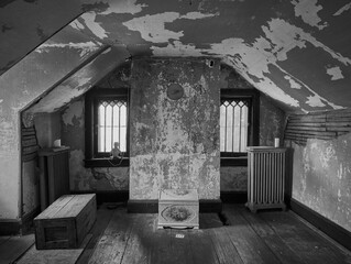 Black and white image of an old attic in an abandoned home showing the peeling paint
