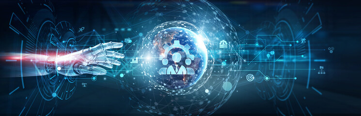 Hands of robot touch on business administration network and organizational management, resource...