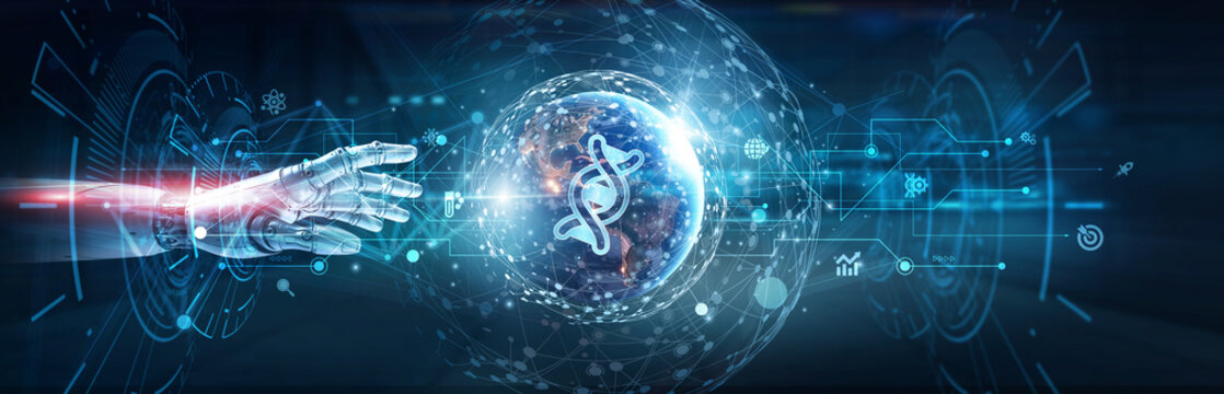 Hands of robot touch on biotechnology network and genetic research, molecular innovation, pharmaceutical development, bioinformatics systems, life sciences technology for sustainable health solutions.