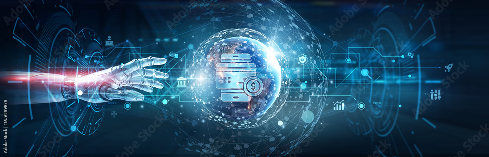 Poster hands of robot touch on digital payments network and secure transactions, mobile wallets, blockchain