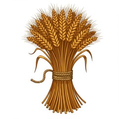 Detailed Graphic Sheaf of Wheat Bundle Tied with Cord Illustration Against White