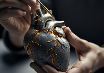 A beautiful and powerful metaphor for healing and mental wellness, showing hands mending a broken porcelain heart with gold, in the Japanese art of Kintsugi.