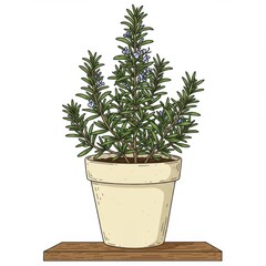 Fototapeta premium Rosemary Plant in Beige Pot on Wooden Surface with Green Foliage Illustration
