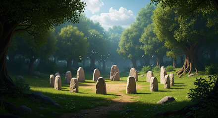 Ancient Stone Circle in a Sunlit Forest Clearing