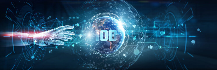 Hands of robot touch on internet of behaviors network and data analytics, consumer tracking, personalized marketing, predictive modeling, smart decision-making, AI-driven engagement