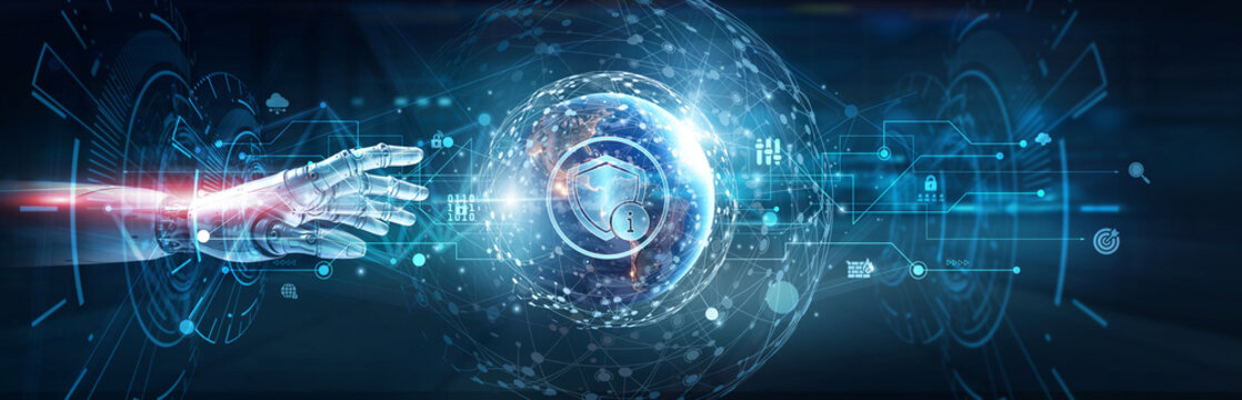 Hands of robot touch on information security network and cyber defense, encryption protocols, data privacy, secure authentication, threat intelligence, compliance solutions for digital safety.