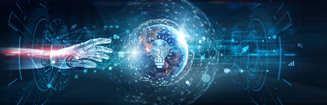 Hands of robot touch on innovation technology network and futuristic systems, advanced engineering, AI solutions, research and development, digital transformation, smart automation