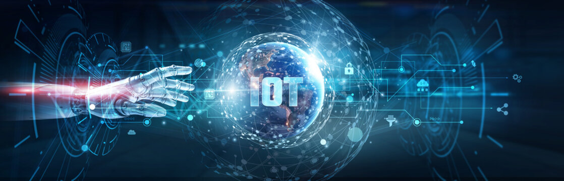 Hands of robot touch on IoT network and connected devices, smart automation, real-time monitoring, predictive analytics, cloud computing, data integration, intelligent systems for modern industries.