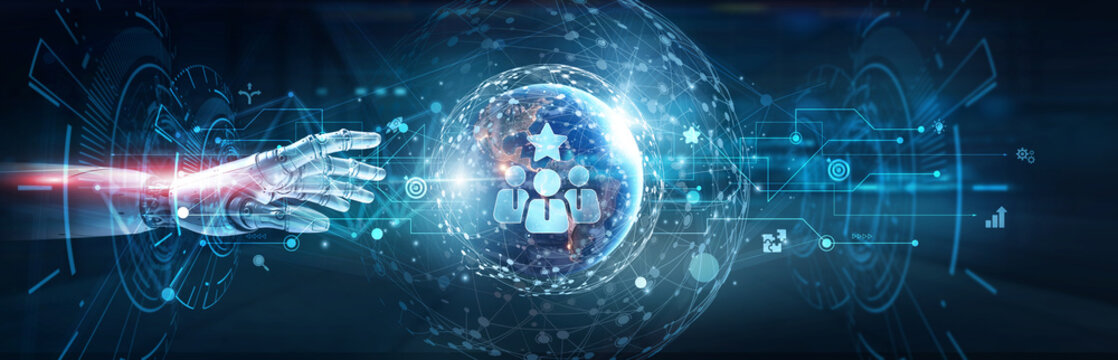 Hands of robot touch on leadership network and decision-making strategies, team empowerment, organizational growth, digital collaboration, performance enhancement, transformation leadership techniques