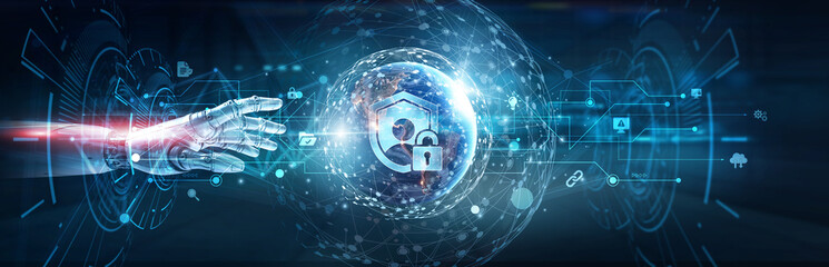 Hands of robot touch on privacy network and data protection, secure encryption, user consent management, cyber compliance strategies, digital security frameworks, trust-based systems.