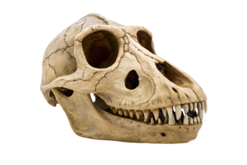 Ancient fossilized dinosaur skull, featuring prominent sharp teeth and intricate bone structure, a compelling artifact from Earth's prehistoric past