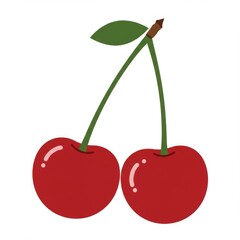 Two Cherries with Stems and Green Leaves on White Background Pixelated Style