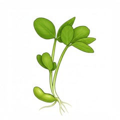 Fototapeta premium Vibrant Green Soybean Sprout Seedling with Leaves and Roots on White Background