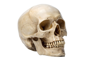 Obraz premium Detailed human skull model in clear side view, showcasing intricate bone anatomy, isolated on crisp white background for scientific and educational purposes