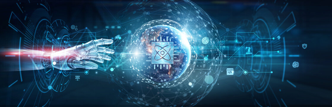 Hands of robot touch on quantum computing network and superposition processing, quantum algorithms, data encryption, high-speed calculation, advanced research, futuristic technology, AI integration.