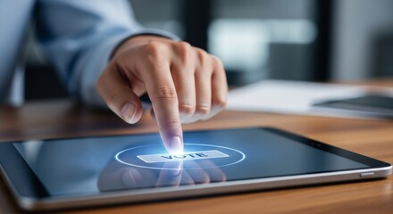 Close-up of hand casting vote online using digital tablet.  'VOTE' button on screen. conceptual image represents e-voting, digital democracy, and future of elections through modern technology