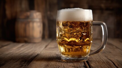 Enjoy a frothy mug of ale featuring rich golden hues on a wooden table, complemented by a barrel in the background, perfect for national beer lover's day festivities