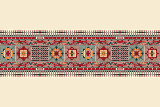 Traditional Tatreez embroidery horizontal seamless pattern, Palestinian border. Scalable vector design for print, background, template
