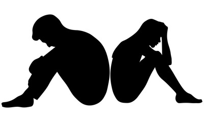 落ち込む男女のシルエットと悩みを抱える姿