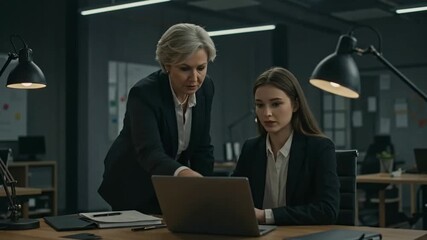 Experienced businesswoman mentoring young female colleague on laptop in a modern corporate office, fostering professional development and teamwork.