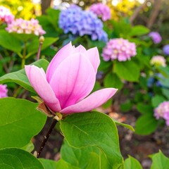 Obraz premium Vibrant pink magnolia flower in garden