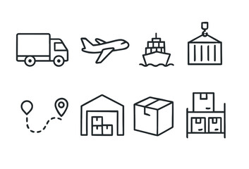 Logistics and delivery linear icon set. featuring truck, airplane, ship, container, warehouse, package, location