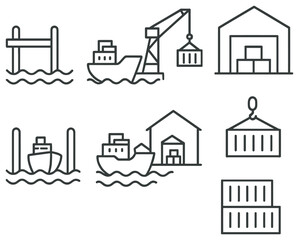 Maritime operations linear icon set. featuring dock, ship, crane, warehouse, cargo, and container symbols