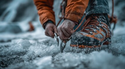 Close-up of ice climbing gear being prepared on a snowy and icy terrain.  A climber's hands carefully adjust crampons on their ice climbing boots.