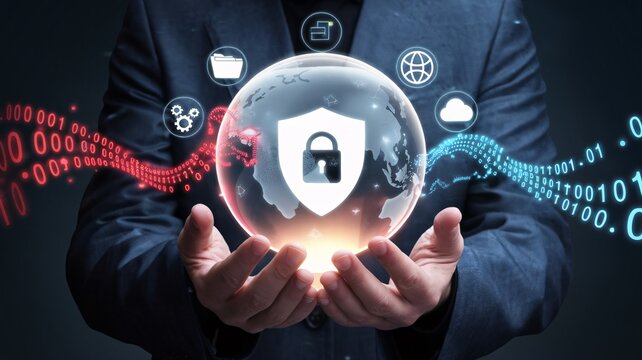 Businessman holding glowing globe with digital security icons technology data