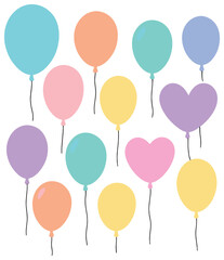 Party balloons 3d icon set. featuring heart, pastel, floating, colorful, and shiny symbols