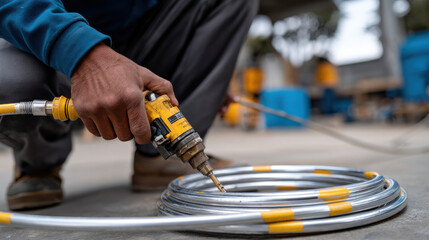 A worker kneels while operating a pneumatic tool, efficiently connecting it to a metal coil in an industrial setting, showcasing precision and craftsmanship in their work.
