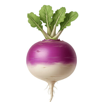 Purple White Turnip Root Vegetable with Green Leaves Realistic Illustration. Purple White Turnip Root Vegetable PNG.