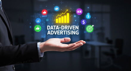 Fototapeta premium Data Driven Advertising Concept, Businessman Hand with Digital Marketing Analytics Icons, Online Marketing Strategy, Targeted Ads q