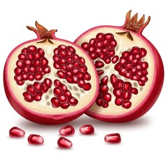 Two Halved Pomegranates Revealing Red Seeds on A White Background Still Life