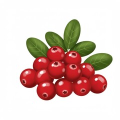Pile of Shiny Red Cranberries with Green Leaves on a White Background
