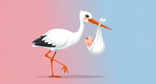 Joyful stork delivers precious baby, symbolizing new life and family beginnings with gentle charm and heartwarming anticipation