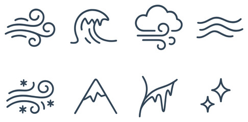 Weather and nature linear icon set. featuring wind, wave, cloud, water, snow, mountain, ice, and star symbols