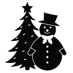 snowman with christmas tree silhouette vector icon