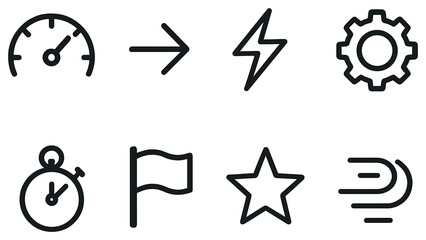 Performance indicators flat icon set. featuring speedometer, arrow, lightning, gear, stopwatch, flag, star, motion