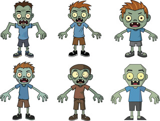 Cartoon zombie kids in scary poses with creepy faces, monster costumes, green skin, Halloween theme, horror expression, funny style