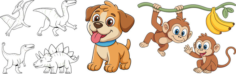 Cute cartoon animals and dinosaurs, happy dog, playful monkeys, colorful prehistoric creatures, fun vector illustration
