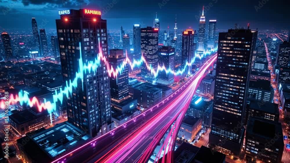 Aufkleber futuristic city glows with dynamic data streams overhead, visualizing market trends with neon cyberp