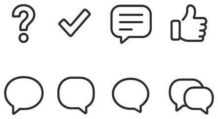 Communication flat icon set. featuring question mark, check, message, thumbs up, and speech bubble symbols