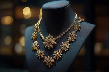 Handcrafted gold diamond necklace display high resolution picture
