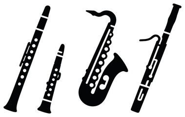 Musical instruments linear icon set. featuring clarinet, oboe, saxophone, bassoon symbols