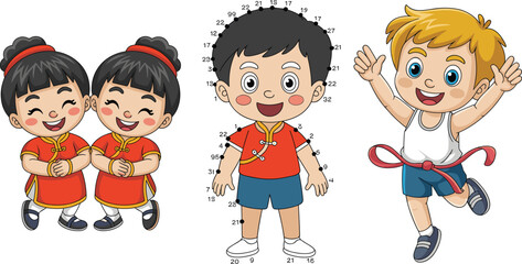 Happy cartoon children, twin girls, boy with dot game, running kid, cute fun vector illustration